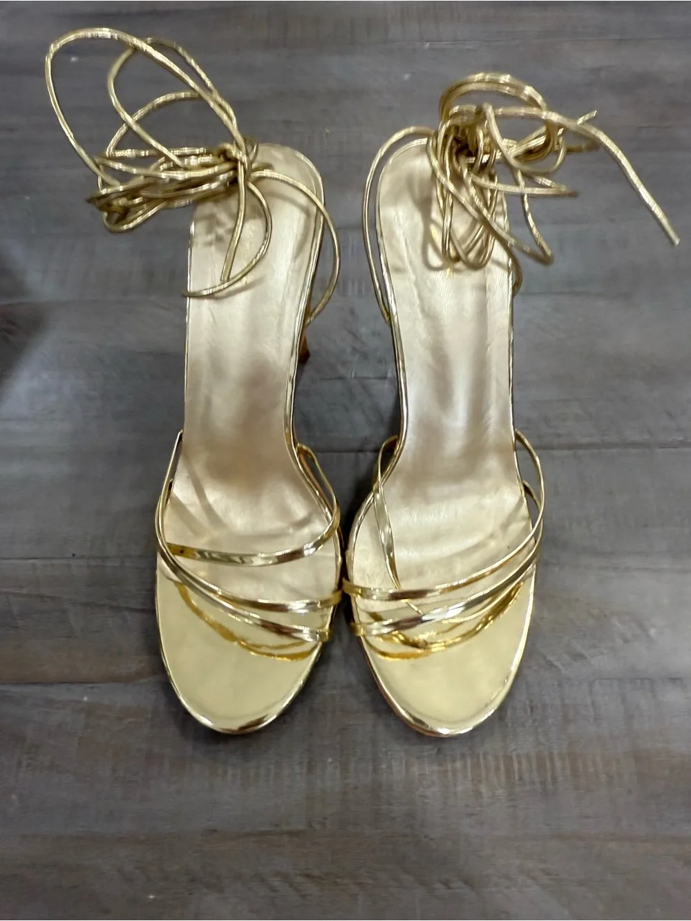 PrettyLittleThing Gold Metallic Strappy Lace-Up Stiletto Heels US 9